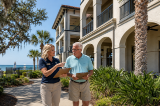 Florida community manager and HOA board member inspecting the exterior of a coastal community building during a routine property walk.