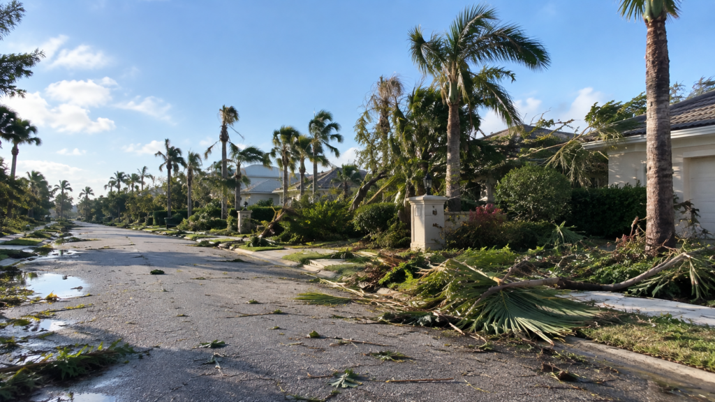 Storm debris scattered across a Florida community street after a hurricane