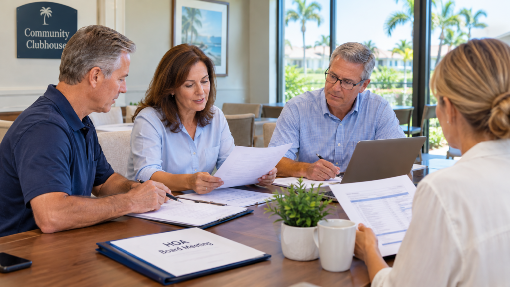 HOA board members reviewing financial documents together during a board meeting in a Florida community clubhouse
