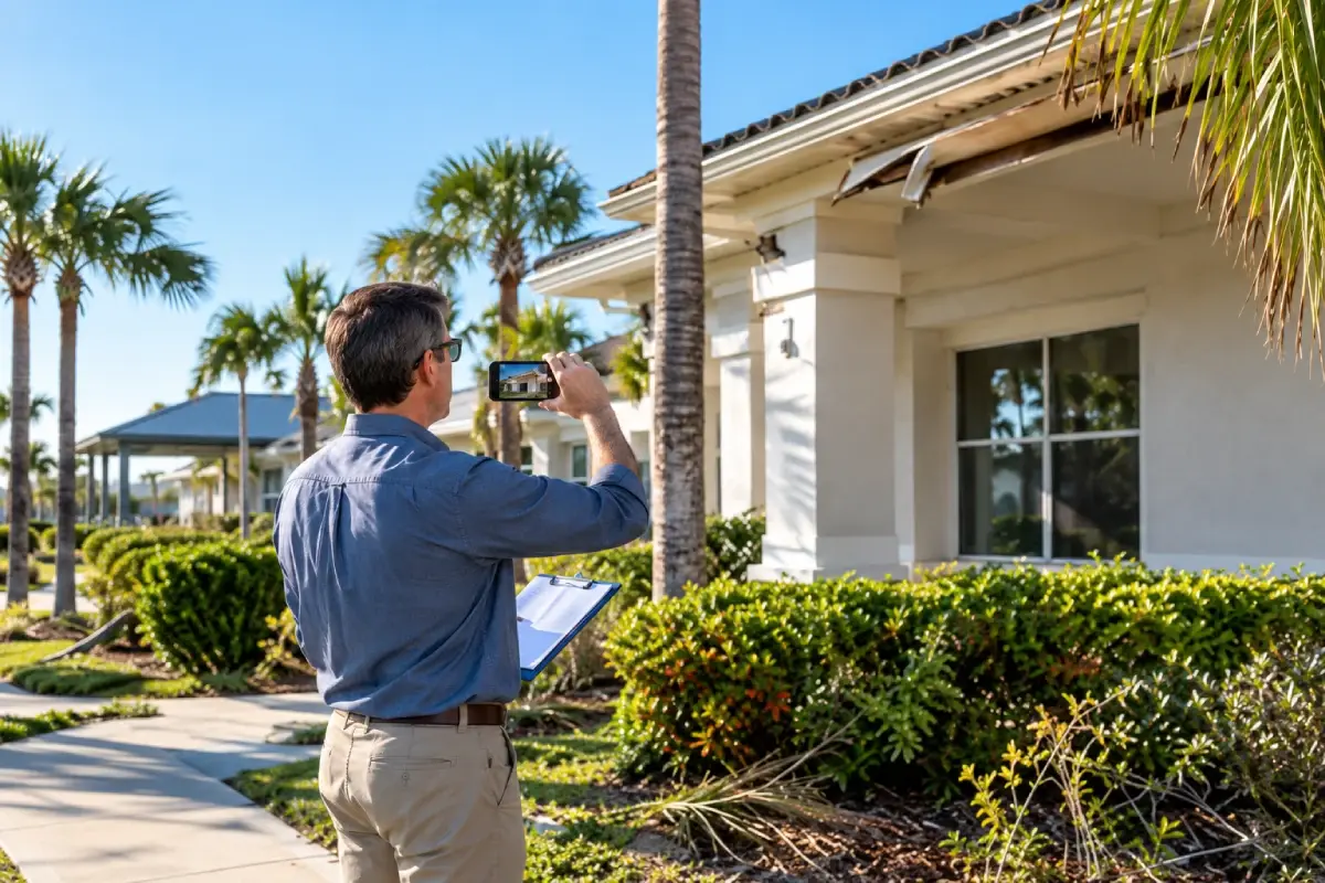 Board member documenting storm damage for a Florida HOA insurance claim
